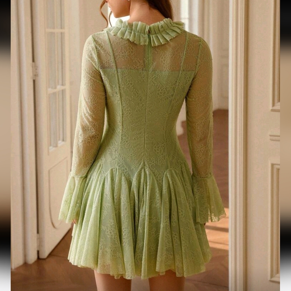 Green Crochet Lace Ruffle Trim Pleated Bodice Flared Skirt Waist Cinched Party D - Picture 2 of 4